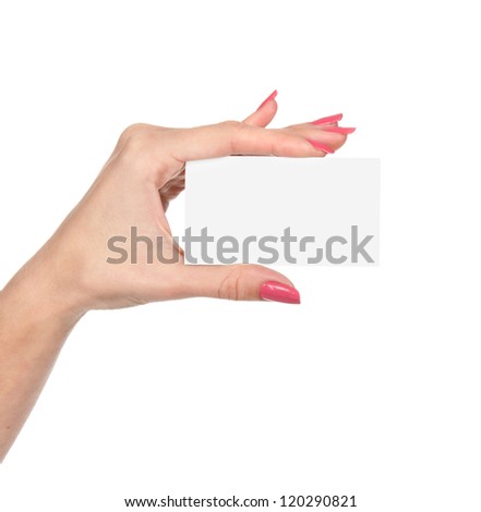 Business card in female hand. Studio isolated.