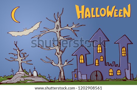 Color cartoon shapes on Halloween theme. Landscape of graveyard with old scary castle, trees, tombs, crosses, bat, moon. Handmade vector lettering. Halloween vector illustration.