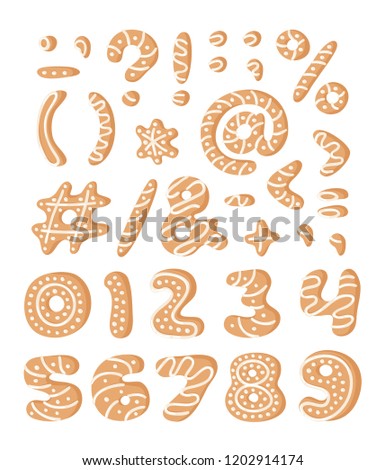 Cartoon vector illustration Ginger bread Cookies sign and numbers. Hand drawn Christmas font. Actual Creative Holidays bake alphabet