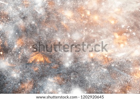 New Year or Christmas blurred snnow background with Christmas fir tree and warm yellow bokeh lights, snow curtain, selective focus