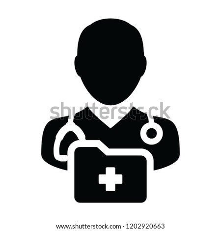 Medical record icon vector with male doctor person profile avatar with stethoscope and folder for health consultation in glyph pictogram illustration