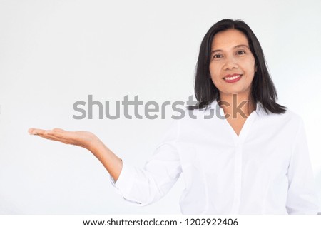 Modern Business Woman in White Shirt Open Right Hand to Welcome on White Background 