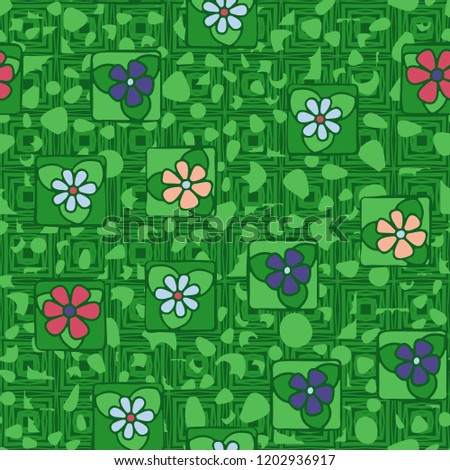 Seamless pattern with flowers on the background of messy spots and a grid of uneven concentric squares.