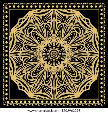 Design print for kerchief. The pattern of geometric floral ornament. Vector illustration. The idea for design prints for neck scarves, carpets, bandana