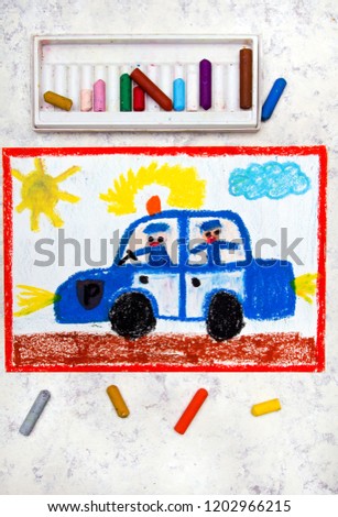 Colorful hand drawing: police car and two policemen
