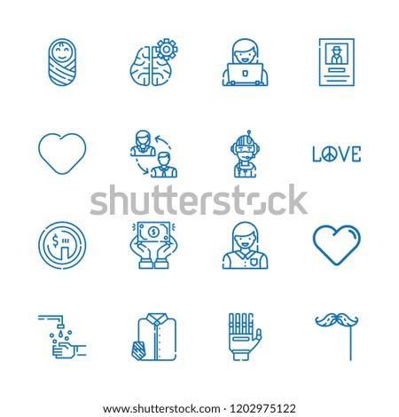 Collection of 16 human outline icons include icons such as heart, love, mustache, wanted, baby, dollar, employees, user, hand, mind, woman, pilot, suit and tie