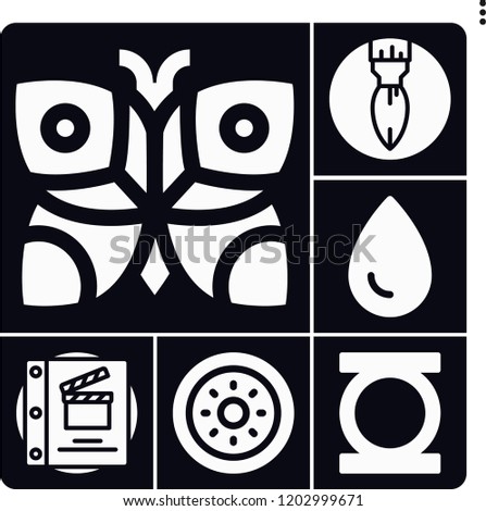 Set of 6 decoration filled icons such as shield, script, paint brush, green lantern, ink