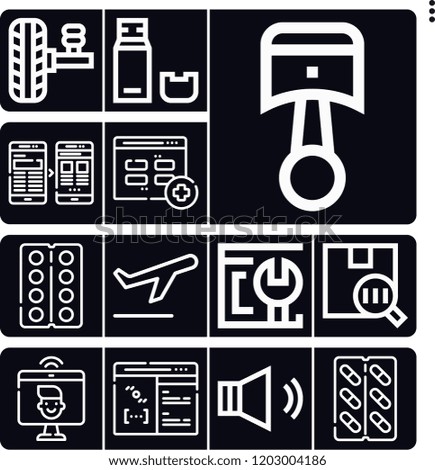 Set of 13 technology outline icons such as suspension, barcode, take off, piston, medicine, videocall, usb, browser, website, sound, coding