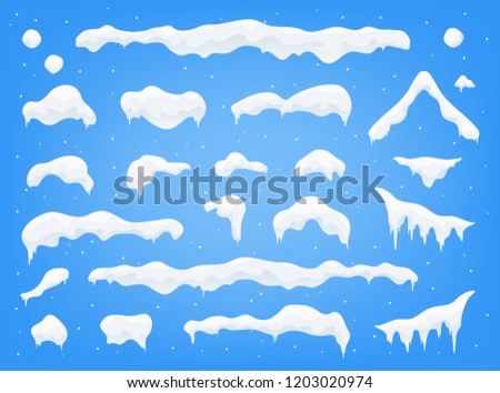 Snow caps, snowballs and snowdrifts set. Snow cap vector collection. Winter decoration element. Snowy elements on winter background. Cartoon template. Snowfall and snowflakes in motion. Illustration. Royalty-Free Stock Photo #1203020974
