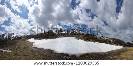  Panoramic view of a snowflake on the way to the Pic Saint Barthelemy in the South of France in early spring                              
