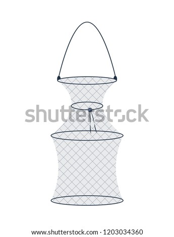 Fyke hoop net fishing trap gear icon illustration isolated on white. Fisherman equipment depiction. Informative poster for fishery magazine or site.