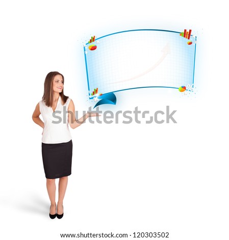 Young woman presenting abstract copy space with graphs and diagrams isolated on white