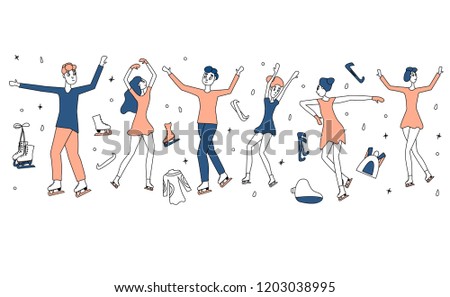 Figure skating concept.  Group of people on the rink. Vector doodle illustration.