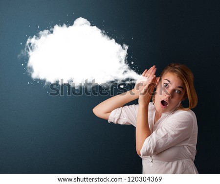 Young woman with abstract modern speech bubble and copy space