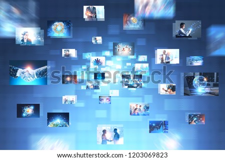 Many pictures with business thematics over abstract blue interface. Concept of hi tech and big data. Toned image double exposure Royalty-Free Stock Photo #1203069823