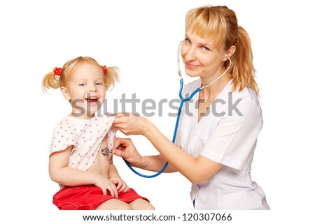 Doctor examining baby girl. Happy smiling patient. Isolated on white background