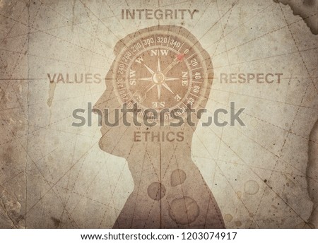Human head and compass points to the ethics, integrity, values, respect. The concept on the topic of business, trust, psychology etc. Royalty-Free Stock Photo #1203074917