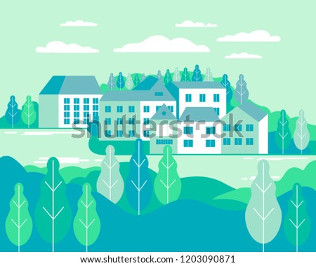 Village landscape flat vector illustration. Buildings, hills, lake, flowers and trees, abstract background for header images for websites, banners, covers 