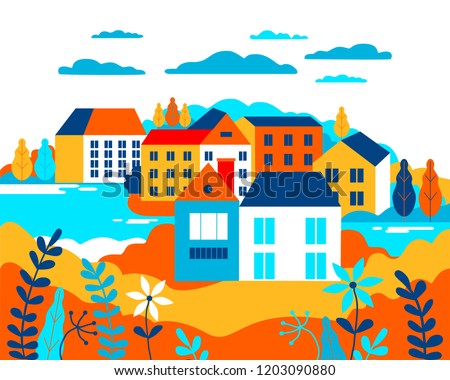 Village landscape flat vector illustration. Buildings, hills, lake, flowers and trees, abstract background for header images for websites, banners, covers 