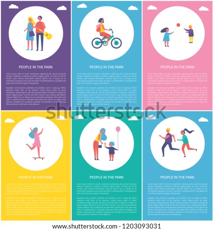 People in park set of posters text. Woman on bike, skating girl, running couple and family. Mother and son with balloons, people with guitar vector