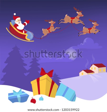 Santa flying in sleigh with bag full of gifts and reindeer. Night sky with spruce silhouette. Christmas and new year celebration. Gift box in snow on the front. Flat vector illustration