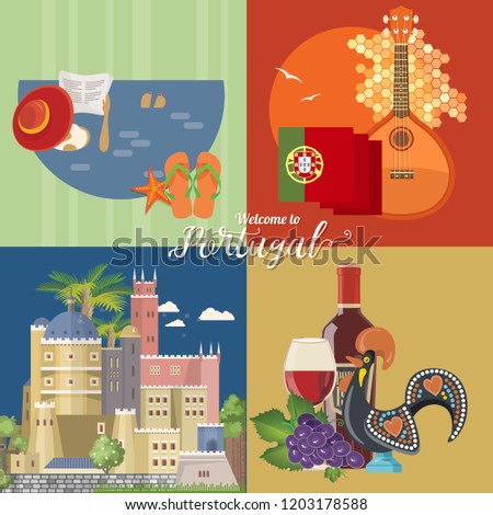 Portugal travel vector postcard in modern flat style with Lisbon buildings and portuguese souvenirs. Lisbon city