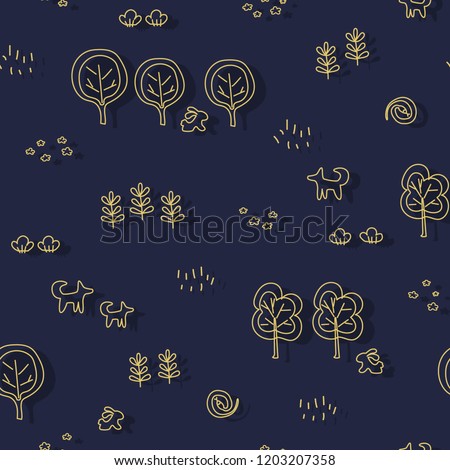 Seamless pattern with forest motifs - trees, bushes, flowers, branches, animals. Monochrome linear ornament. Great for prints, textiles, covers, gift wrappers, backdrops.