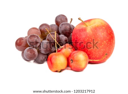Grape branch with large and small apples on white background