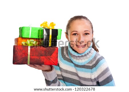 Portrait of sweet young girl with christmas present