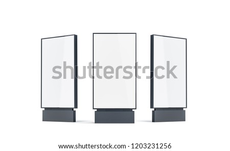 Blank white pylon mock up set, isolated, 3d rendering. Empty street banner mockup, front, left and right side view. Clear outdoor screen for advertising. Digital signage template.