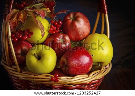 Wicker basket with autumn fruits of apples, quince and viburnum on a dark background. Beautiful autumn still life