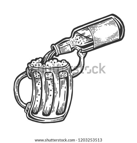 Cup pours beer from bottle engraving raster illustration. Scratch board style imitation. Black and white hand drawn image.