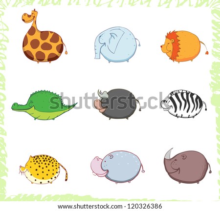 Thick African animals are sideways and smiling. Children's fun Vector illustration.