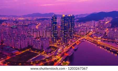 Aerial view of Busan city with beautiful sky, South Korea.