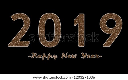 Golden numbers on dark background. New Year 2019. Raster version.