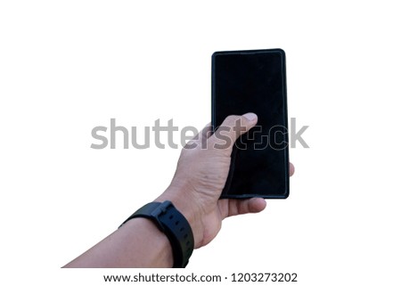 Hand of men with smart watch show smart phone black color.