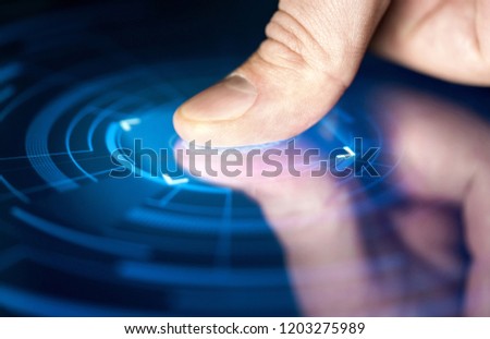 Fingerprint recognition technology for digital biometric cyber security and identification. Finger print scan for authentication, safety and privacy. Thumb on electronic smart screen (macro). Royalty-Free Stock Photo #1203275989