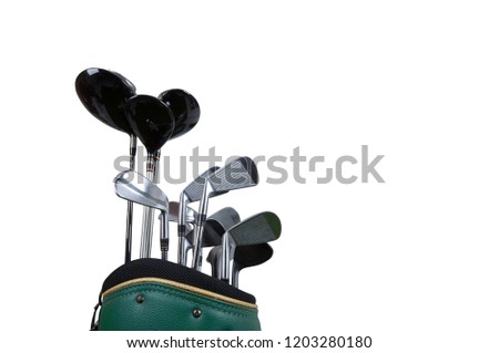 set of metal golf clubs in bag up close isolated on white background