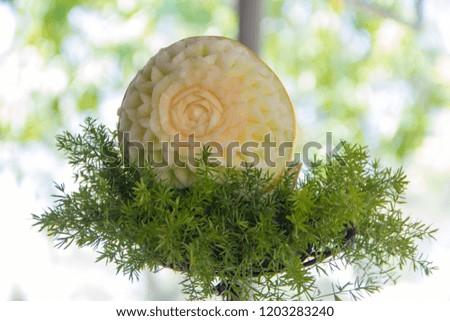 Carved fruit,Melon Carving,Cantaloupe carvings, Melon Carving and blur background.