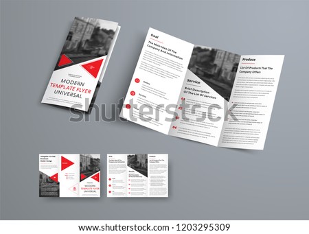 Tri-fold brochure template in modern style with red triangles and space for photo. Universal white design for business advertising. Vector Illustration Royalty-Free Stock Photo #1203295309