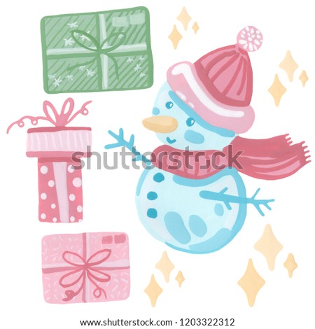 set of cartoon illustrations. winter holiday. snowman, gifts, stars. isolated on white background