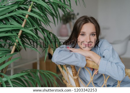 People, leisure concept. Beautiful European woman dressed in stylish clothes, sits on wooden chair near green plant, looks positively at camera, has day off, spends free time in family circle