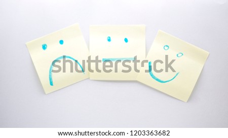 in the white background and empty space the smile in the memo like concept of emotions

