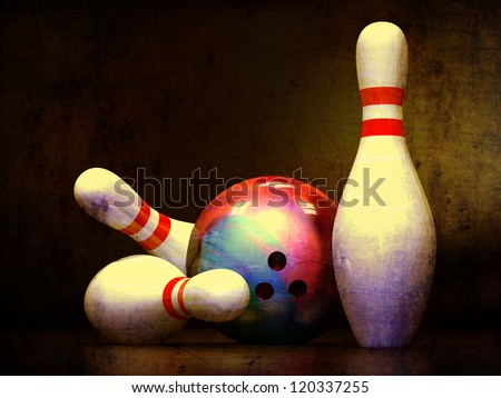 Three bowling pins and a bowling ball.