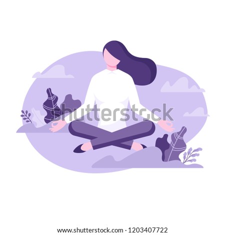 Woman sitting in lotus pose and meditating surrounded by plants . Flat style vector illustration isolated on white background