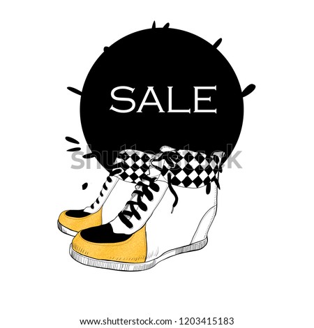 Vector illustration of shopping sale flyer template with shjoes. Sale Promotion luxury banner, price tag, discount sticker, badge, poster for shoe store, shop.