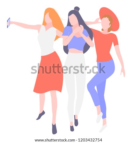 Three young girls girlfriend. Take a selfie from phone. Spend time together. Illustration isolated on white background.