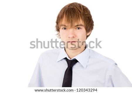 the guy posing in front of the camera, in a shirt and tie isolated on white background