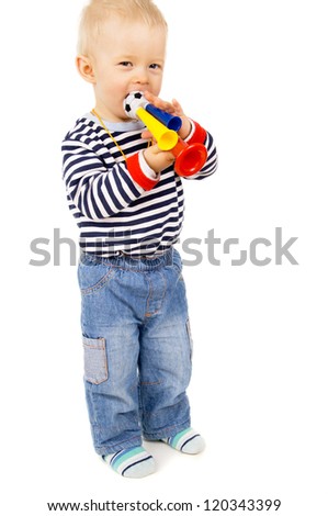 little kid blows in the football beep isolated on white background