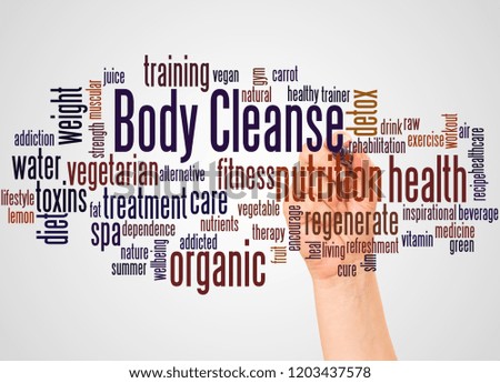 Body Cleanse, word cloud and hand with marker concept on white background.